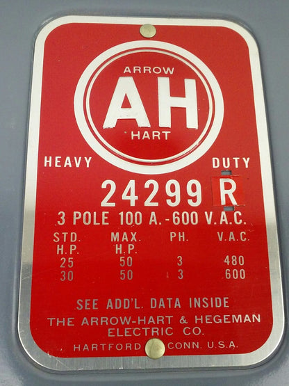 ARROW HART 24299R FUSIBLE ENCLOSED SWITCH TYPE HD, 3P, 3PH, 100A, 600V, NEMA 1