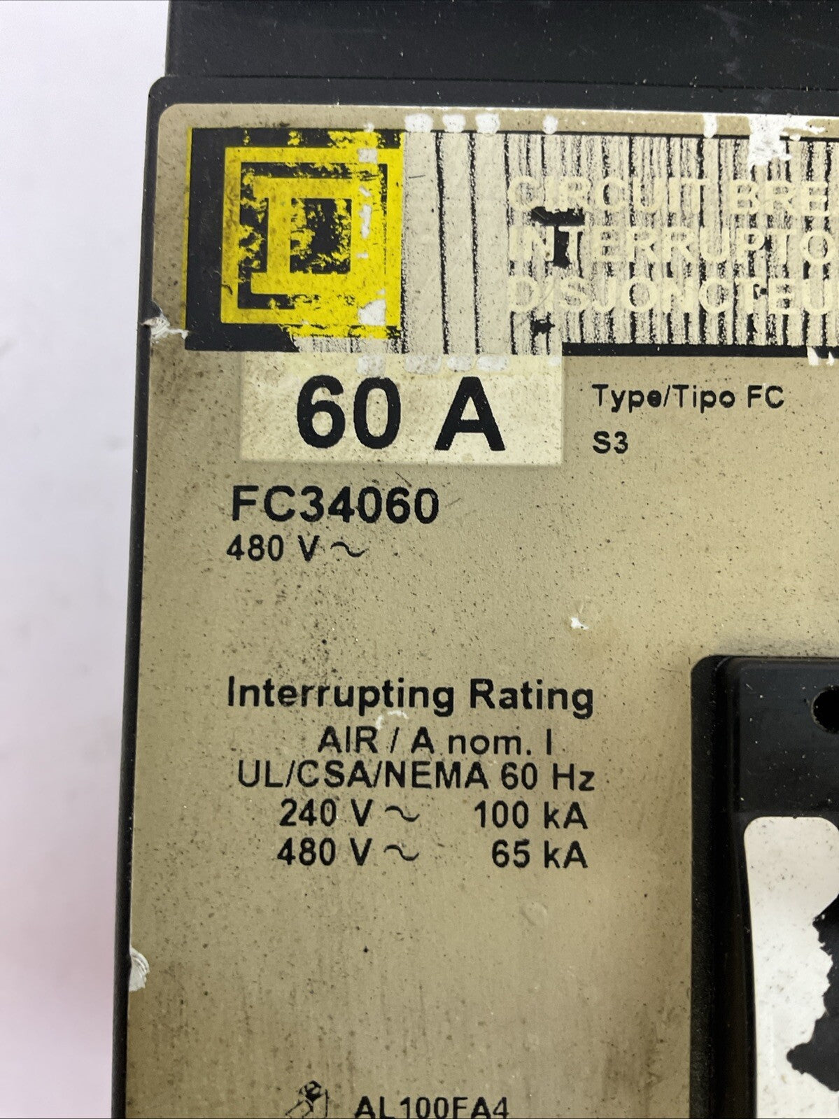 SQUARE D FC34060 CIRCUIT BREAKER 480VAC 3POLE 60AMP