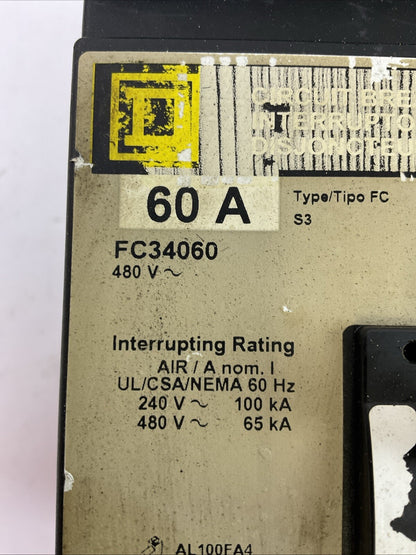 SQUARE D FC34060 CIRCUIT BREAKER 480VAC 3POLE 60AMP