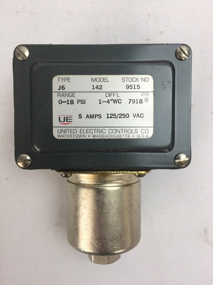 UNITED ELECTRIC CONTROLS J6 9515 142 PRESSURE SWITCH 0-18PSI 5AMP 125/250VAC