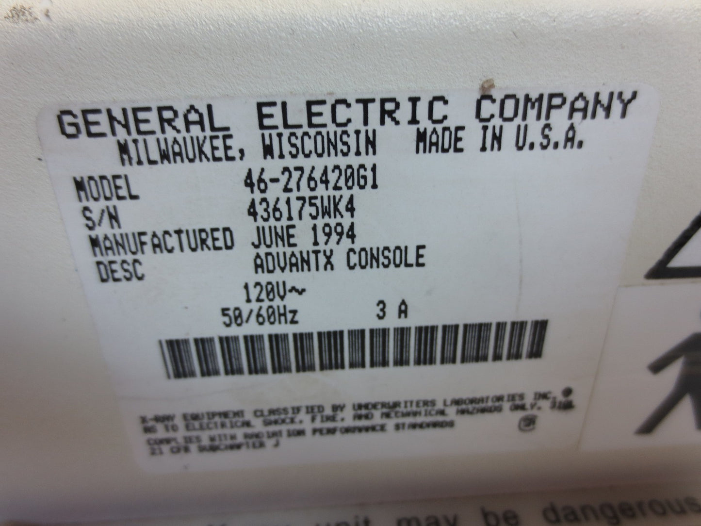 GE 46-276420G1 ADVANTX LFX CONSOLE - 120V, 60Hz, 3A - for PARTS or REPAIR