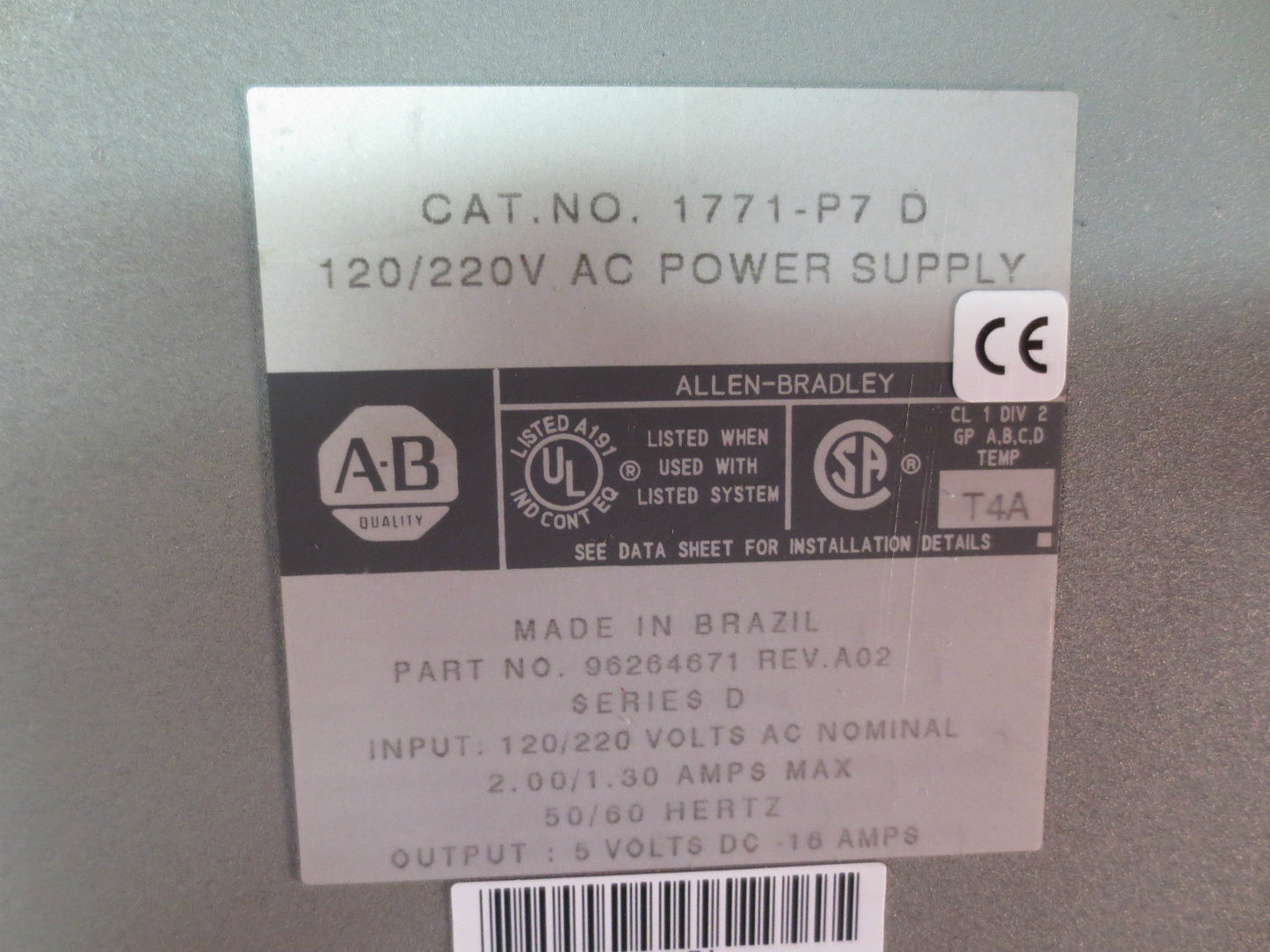 ALLEN-BRADLEY 1771-P7 D, 120/220V AC POWER SUPPLY, Ser. D