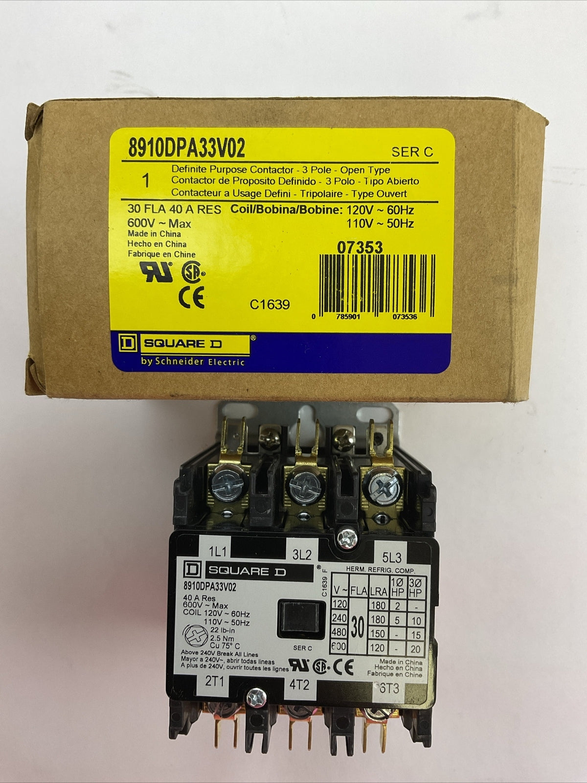 SQUARE D 8910DPA33V02 CONTACOTR SER C 3P 600VAC 20HP 40A COIL 110/120VAC 50/60HZ