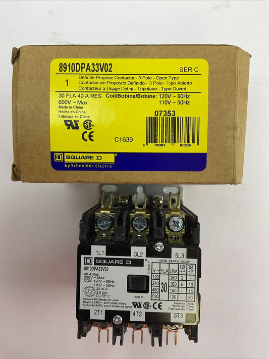 SQUARE D 8910DPA33V02 CONTACOTR SER C 3P 600VAC 20HP 40A COIL 110/120VAC 50/60HZ