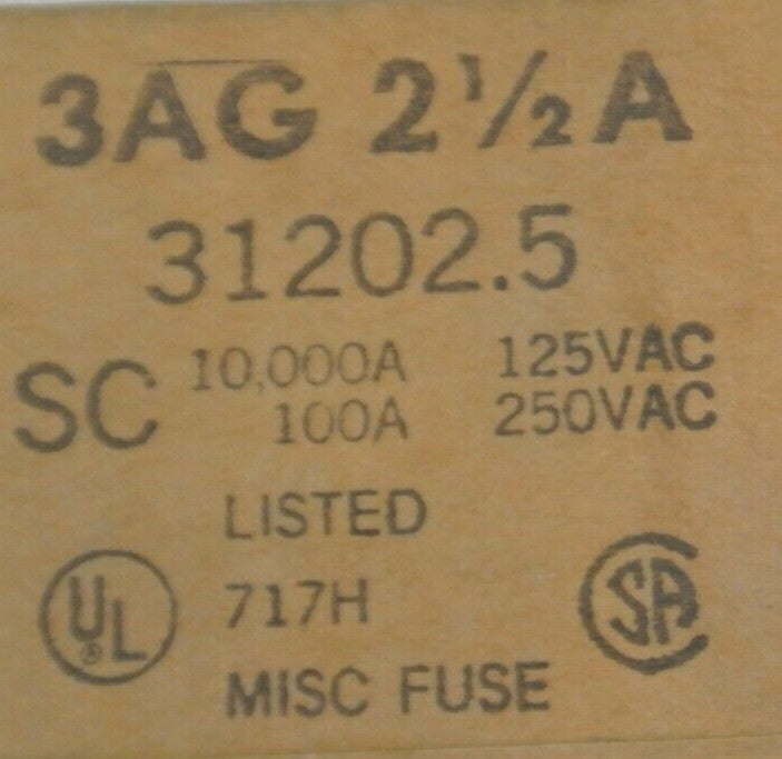 SEALED BOX of 2,000 LITTELFUSE / TRACOR 3AG 2-1/2A FUSE / 31202.5 / 10A @ 250VAC