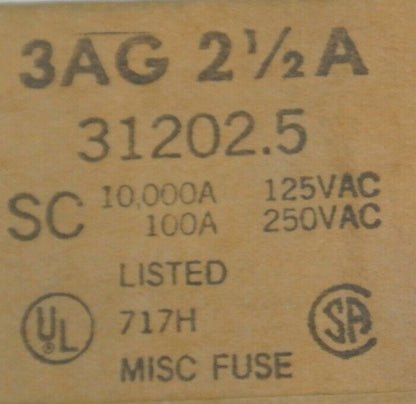 SEALED BOX of 2,000 LITTELFUSE / TRACOR 3AG 2-1/2A FUSE / 31202.5 / 10A @ 250VAC