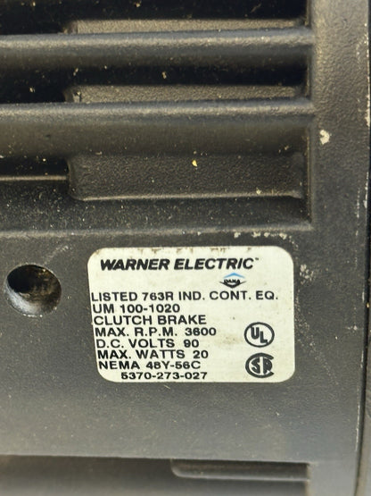 WARNER ELECTRIC UM 100-1020 CLUTCH BRAKE 90VC NEMA 48Y/56C 3600 RPM 5370-273-027