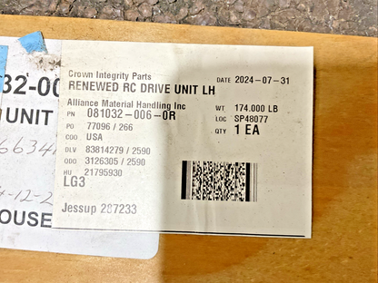 CROWN INTEGRITY PARTS 081032-006-0R RENEWED RC DRIVE UNIT LH