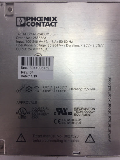 PHOENIX CONTACT TRIO-PS/1AC/24DC/10 POWER SUPPLY OUTPUT 24VDC 10A