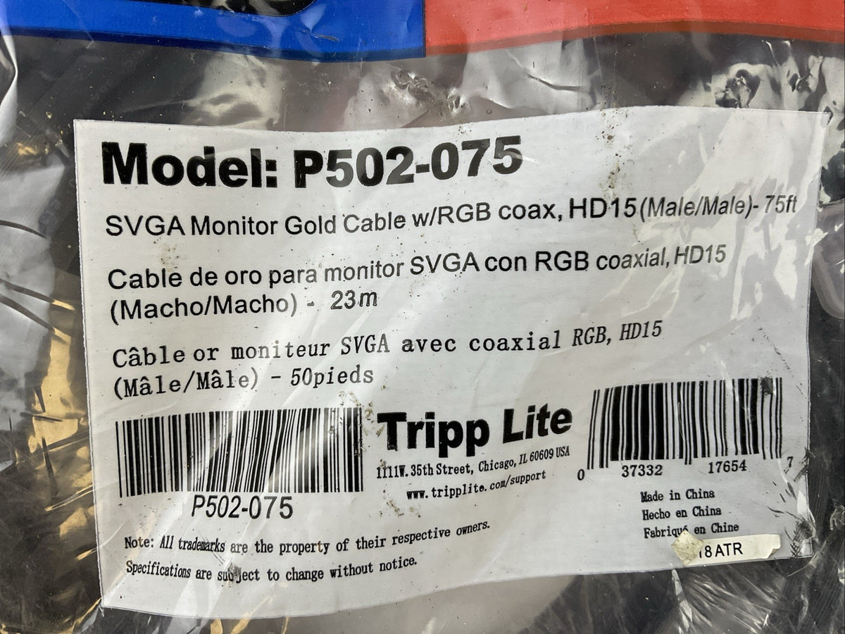 TRIPP LITE P502-075 SVGA MONITOR GOLD CABLE W/RGB COAX HD15 MALE/MALE 75FT 23M