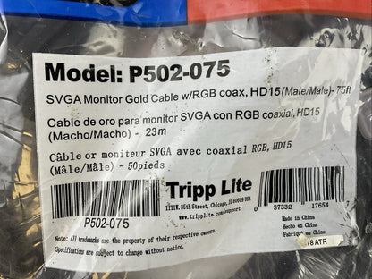 TRIPP LITE P502-075 SVGA MONITOR GOLD CABLE W/RGB COAX HD15 MALE/MALE 75FT 23M