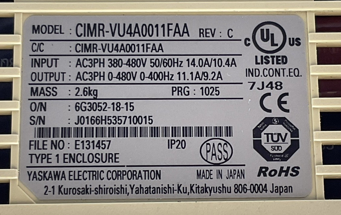 YASKAWA CIMR-VU4A0011FAA REV: C V1000 AC DRIVE OUTPUT 3PH 0-480V 11.1/9.2A