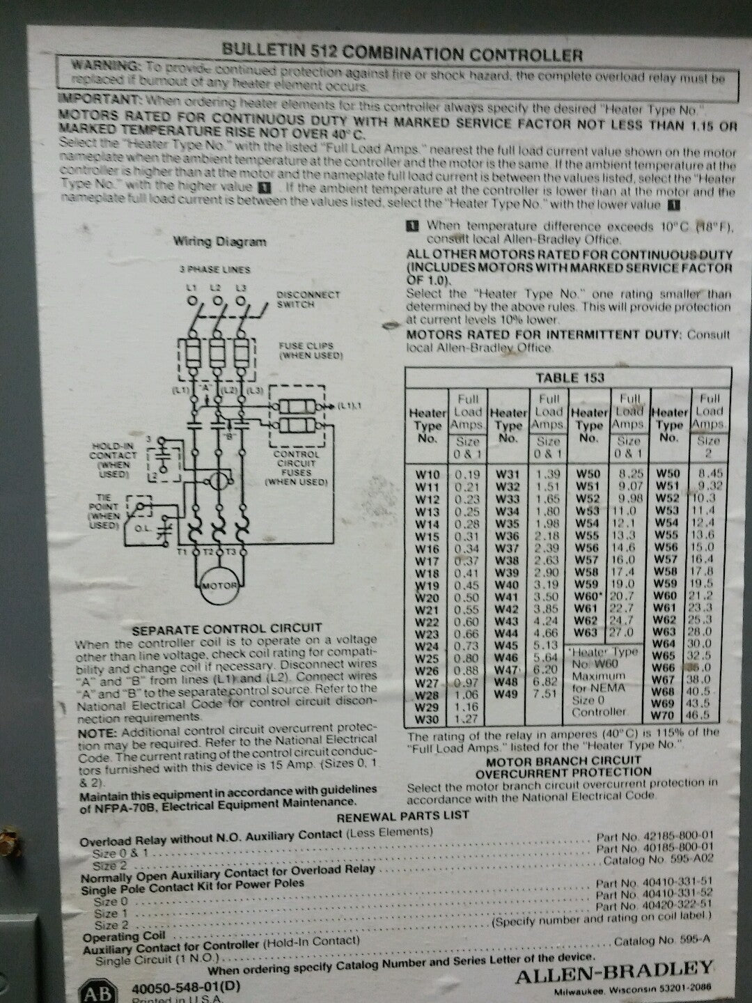 ALLEN BRADLEY BULLETIN 512 SIZE 0 COMBINATION STARTER