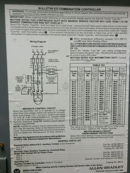 ALLEN BRADLEY BULLETIN 512 SIZE 0 COMBINATION STARTER
