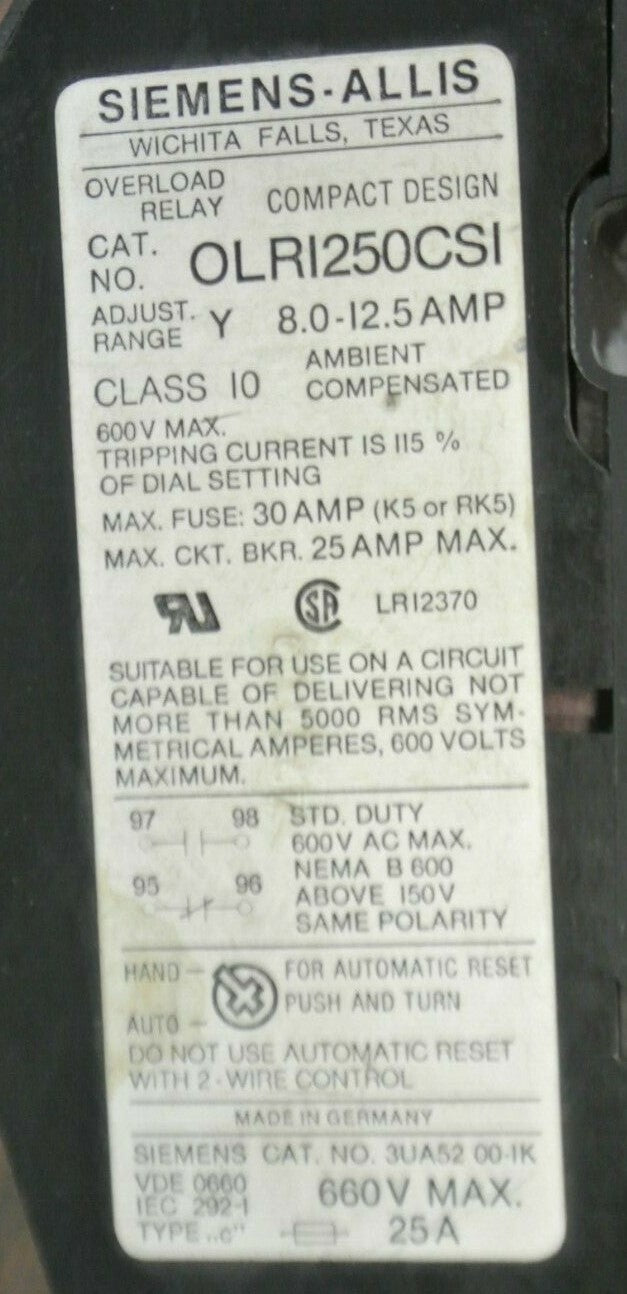 SIEMENS -ALLIS OLR1250CS1 OVERLOAD RELAY 8.0-12.5A