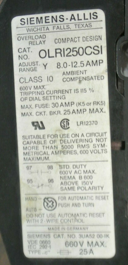 SIEMENS -ALLIS OLR1250CS1 OVERLOAD RELAY 8.0-12.5A