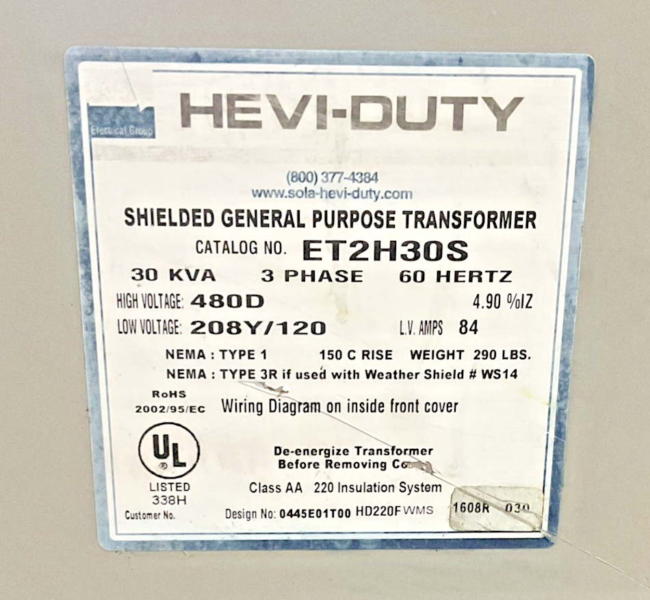 HEVI-DUTY ET2H30S SHIELDED GENERAL PURPOSE TRASFORMER 30KVA 3PH 60HZ 480D 84A