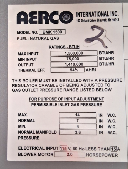 AERCO BMK1500 BOILER 1500MBH 107SQFT 44GALLON 160PSIG 115V 1500000BTU 15A 2HP