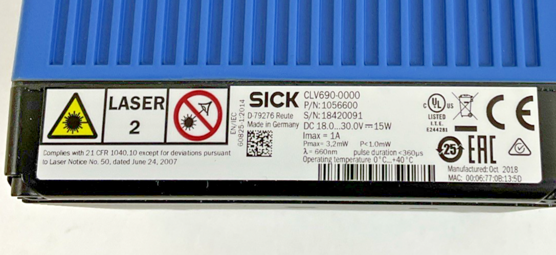 SICK CLV690-0000 BARCODE SCANNER 1056600 30VDC 15W