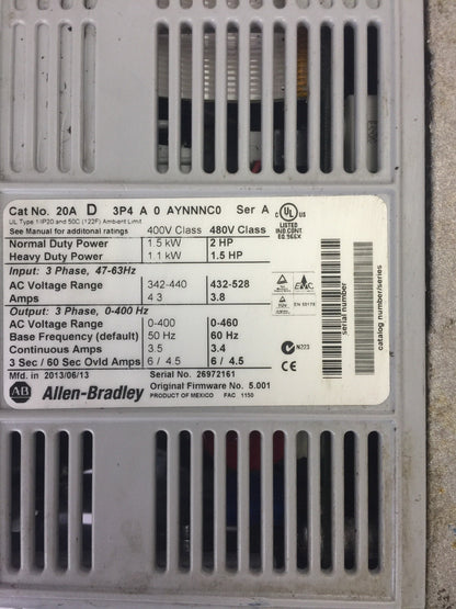 ALLEN BRADLEY POWER FLEX 70 20AD3P4A0AYNNNC0 AC DRIVE INPUT 432-528VAC OUTPUT