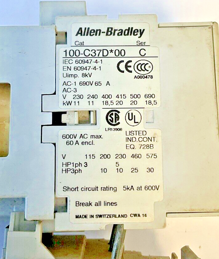 ALLEN BRADLEY 100-C30D*00C / 193-EA1GB STARTER  W/ 100-S AUX CONTACT
