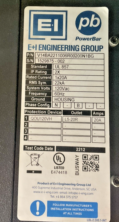 VERTIV POWERBAR iMPB BUSWAY 10' 8X30A , 2X20A BUS PLUGS UL857 208/120V EI GROUP