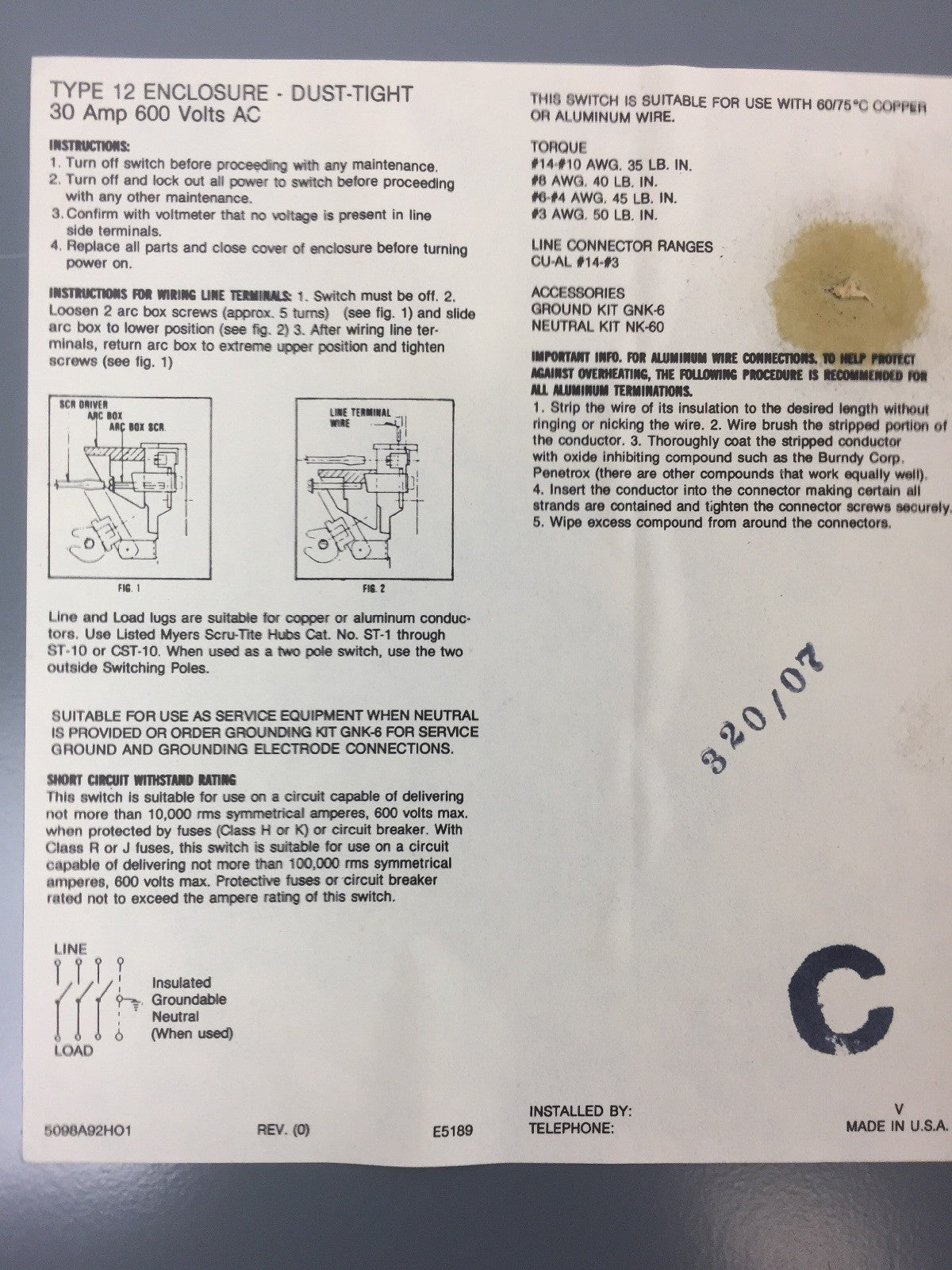 WESTINGHOUSE JHUN361 HEAVY DUTY SAFETY SWITCH 600 VAC 30 AMP