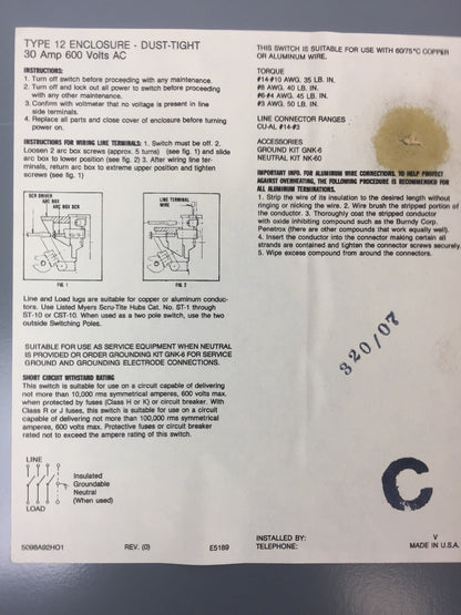 WESTINGHOUSE JHUN361 HEAVY DUTY SAFETY SWITCH 600 VAC 30 AMP