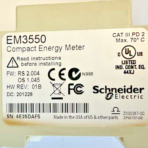 SCHNEIDER ELECTRIC EM3550 COMPACT ENERGY METER HW REV: 01B  0.1A 50/60HZ