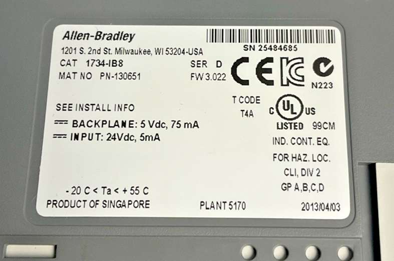 ALLEN BRADLEY 1734-IB8 PLC MODULE SER.D W/1734-TOP BASE SER.A ***LOTOF3***