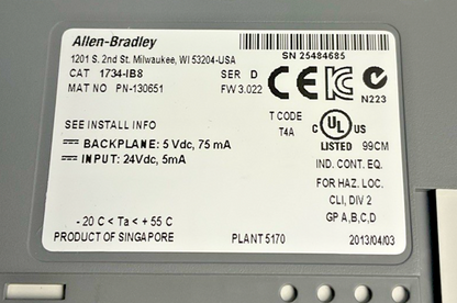 ALLEN BRADLEY 1734-IB8 PLC MODULE SER.D W/1734-TOP BASE SER.A ***LOTOF3***