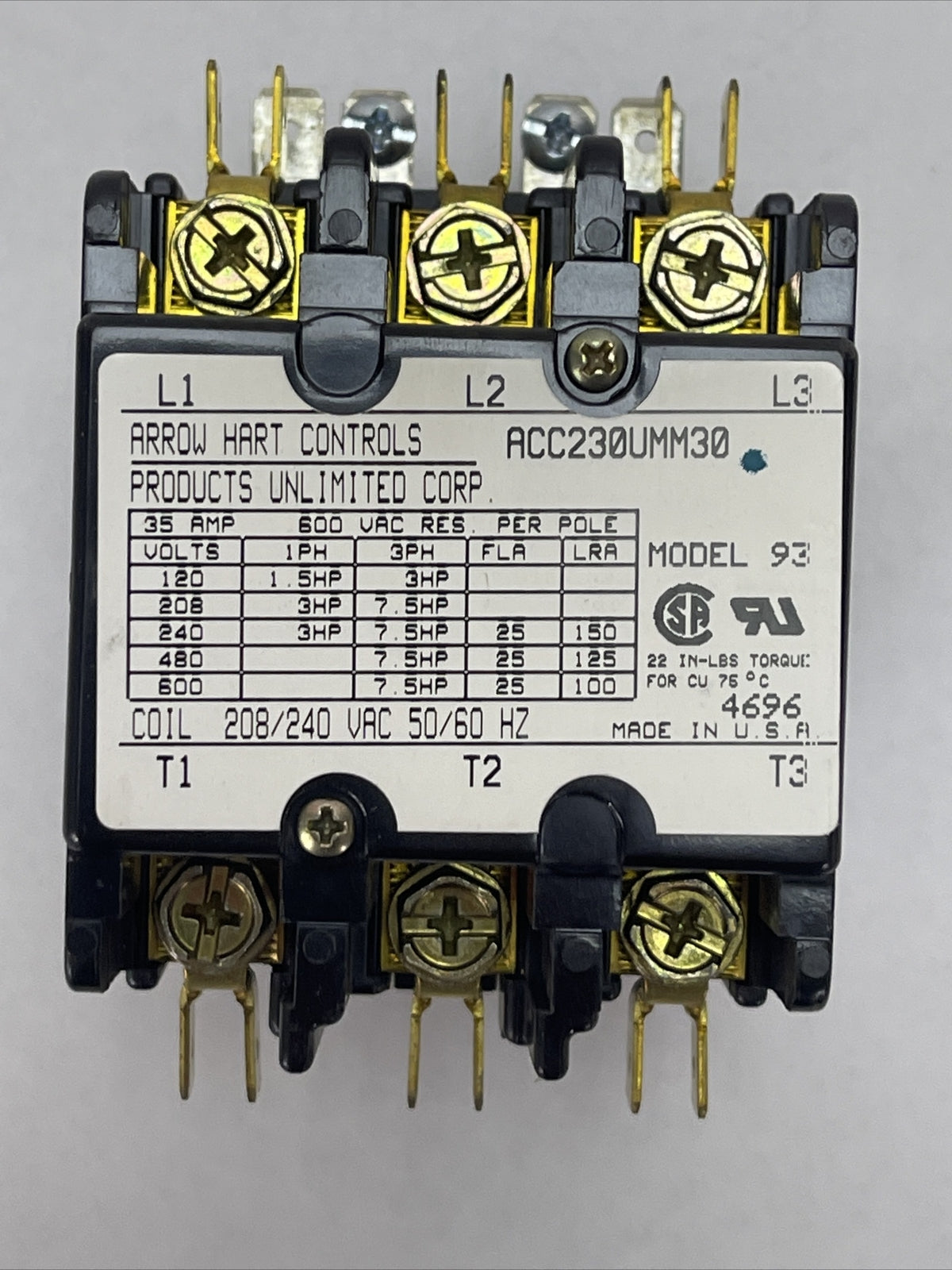 ARROW HART 60117 ACC230UMM30 DIFINITE PURPOSE MAGNETIC CONTACTOR 208/240VAC 25A