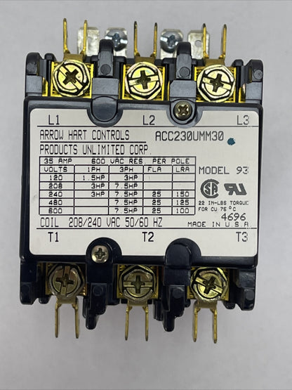ARROW HART 60117 ACC230UMM30 DIFINITE PURPOSE MAGNETIC CONTACTOR 208/240VAC 25A