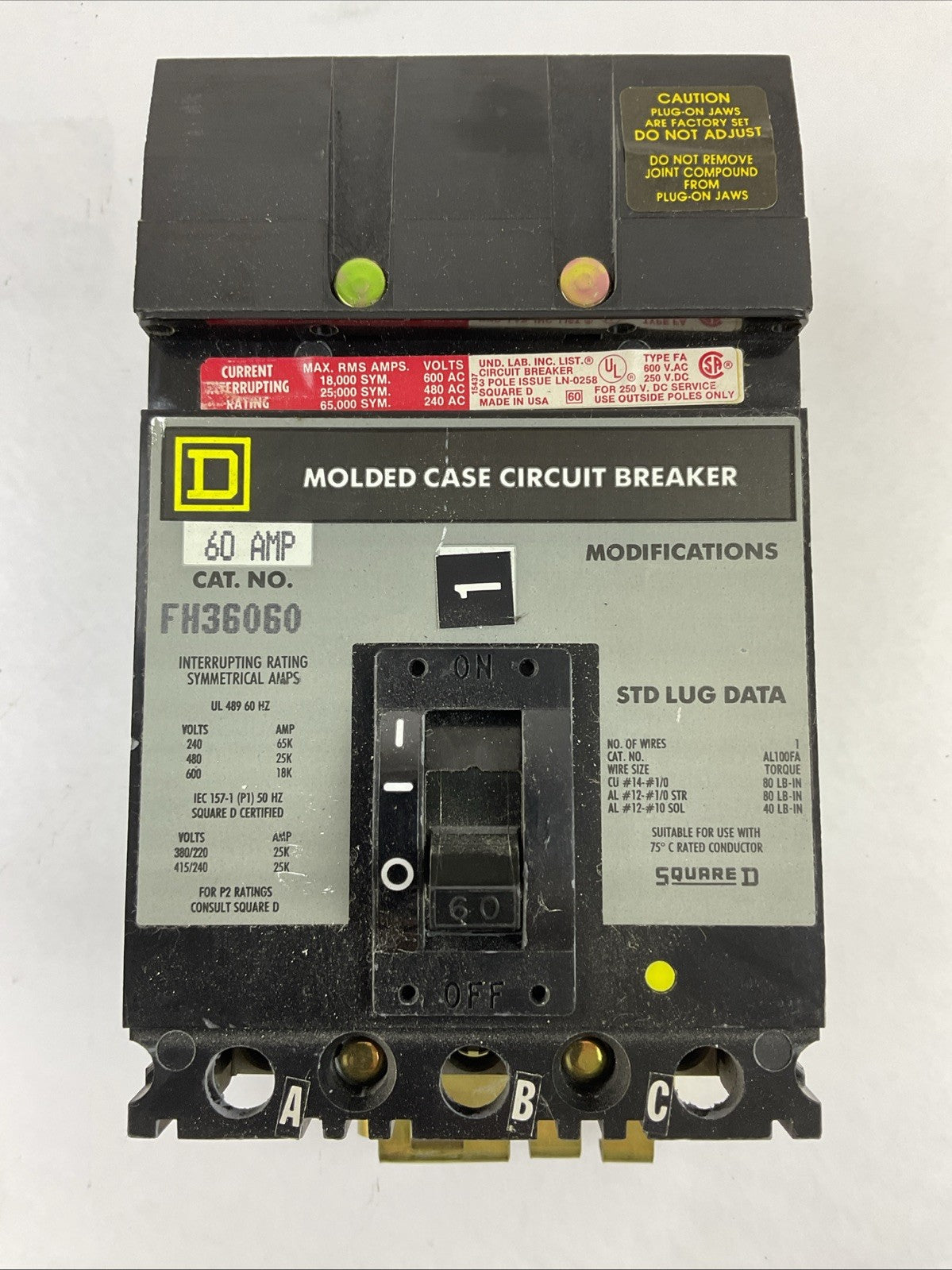 SQUARE D FH36060 CIRCUIT BREAKER 60A 3POLE 600VAC