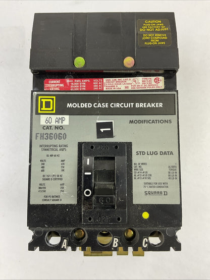 SQUARE D FH36060 CIRCUIT BREAKER 60A 3POLE 600VAC