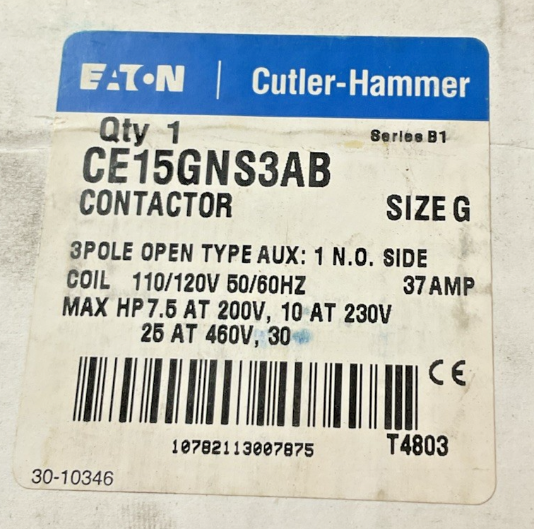 CUTLER HAMMER CE15GNS3AB CONTACTOR SIZE G 3POLE 460V 37A 50/60HZ