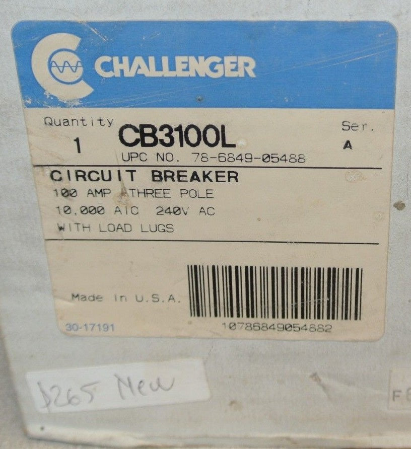 CHALLENGER CB3100L CIRCUIT BREAKER 100A / 240VAC / 3-POLE /  NEW SURPLUS