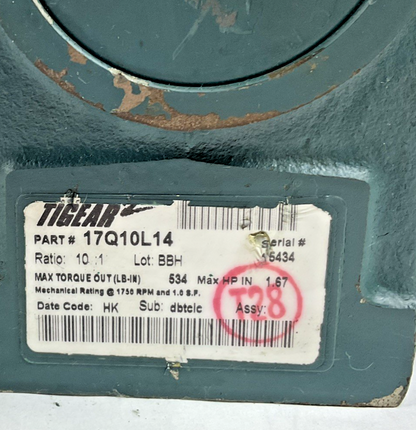 DODGE 17Q10L14 TIGEAR-2 GEAR REDUCER RATIO 10:1 1750RPM *HAS SHELF WEAR*
