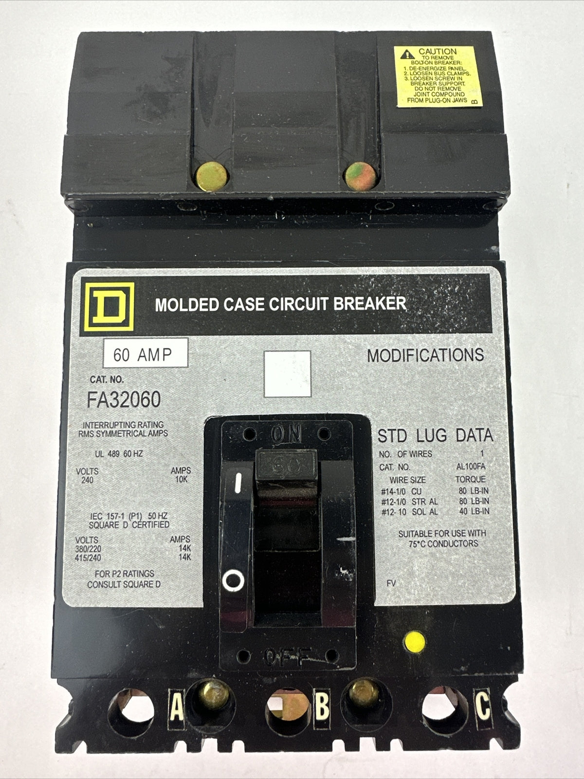 SQUARE D FA32060 MOLDED CASE CIRCUIT BREAKER 240V 60AMP 3POLE