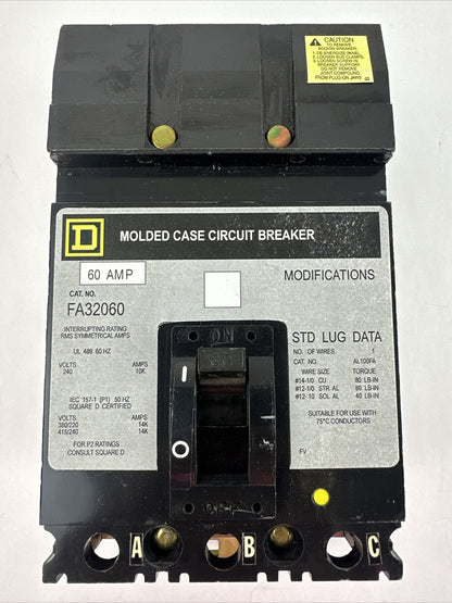 SQUARE D FA32060 MOLDED CASE CIRCUIT BREAKER 240V 60AMP 3POLE