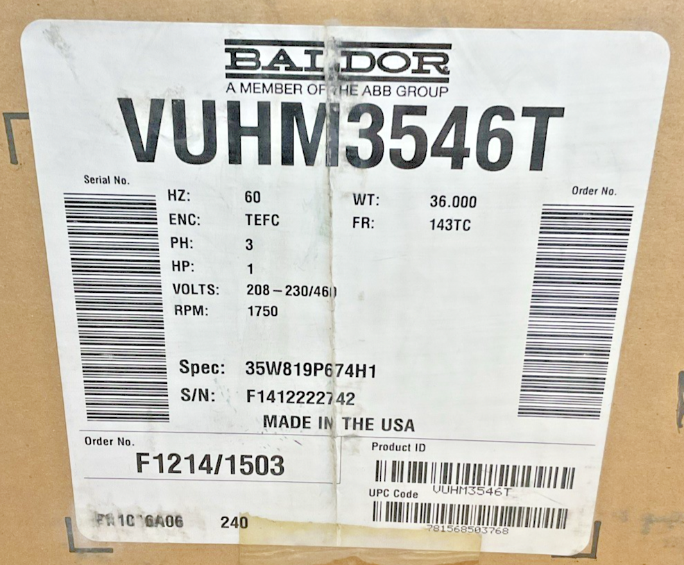 BALDOR VUHM3546T INDUSTRIAL MOTOR 1HP 60HZ 3PH 230/460V 1750RPM 3.38-3.12/1.56