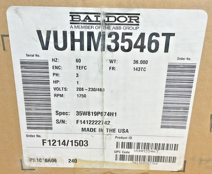 BALDOR VUHM3546T INDUSTRIAL MOTOR 1HP 60HZ 3PH 230/460V 1750RPM 3.38-3.12/1.56