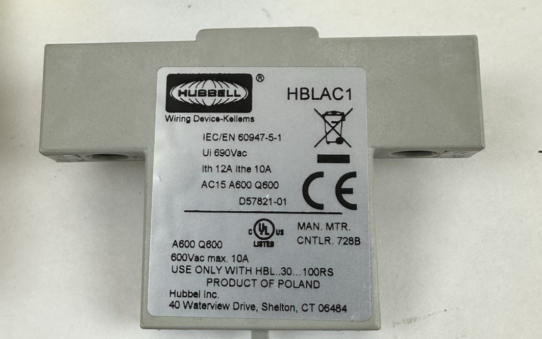 HUBBELL HBLAC1 CIRCUIT-LOCK AUXILIARY CONTACT 10A 600VAC