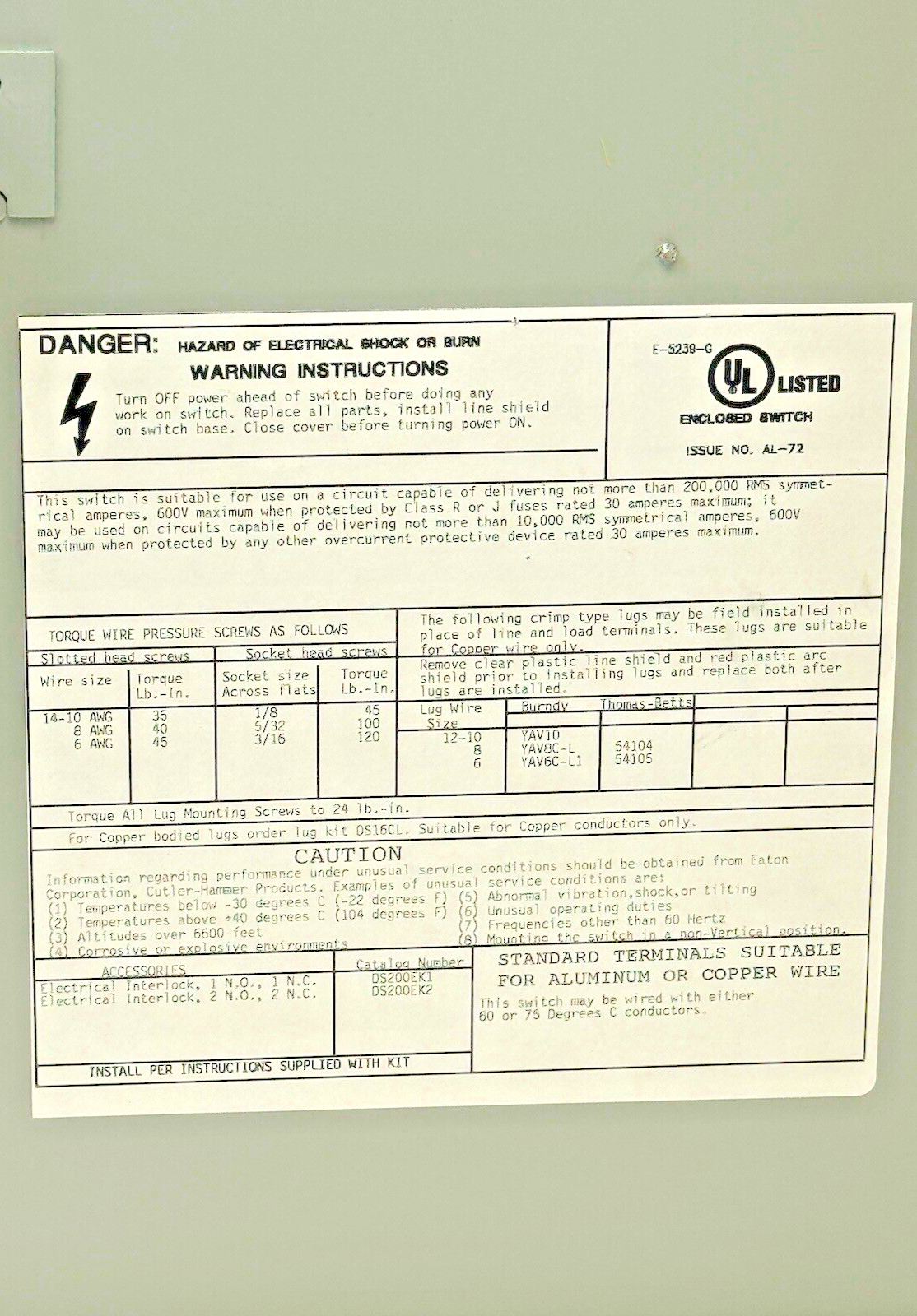 EATON / CH - DH361UGK - HD SAFETY SWITCH - 30A/ 600VAC/250DC / 3 POLE/ TYPE 1