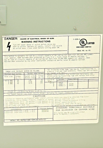 EATON / CH - DH361UGK - HD SAFETY SWITCH - 30A/ 600VAC/250DC / 3 POLE/ TYPE 1