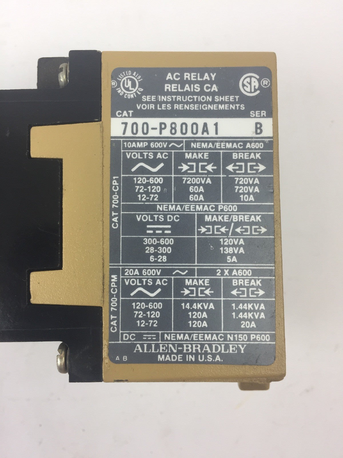 ALLEN BRADLEY 700-P800A1 AC RELAY 115-120V 60HZ 110V 50HZ SER B