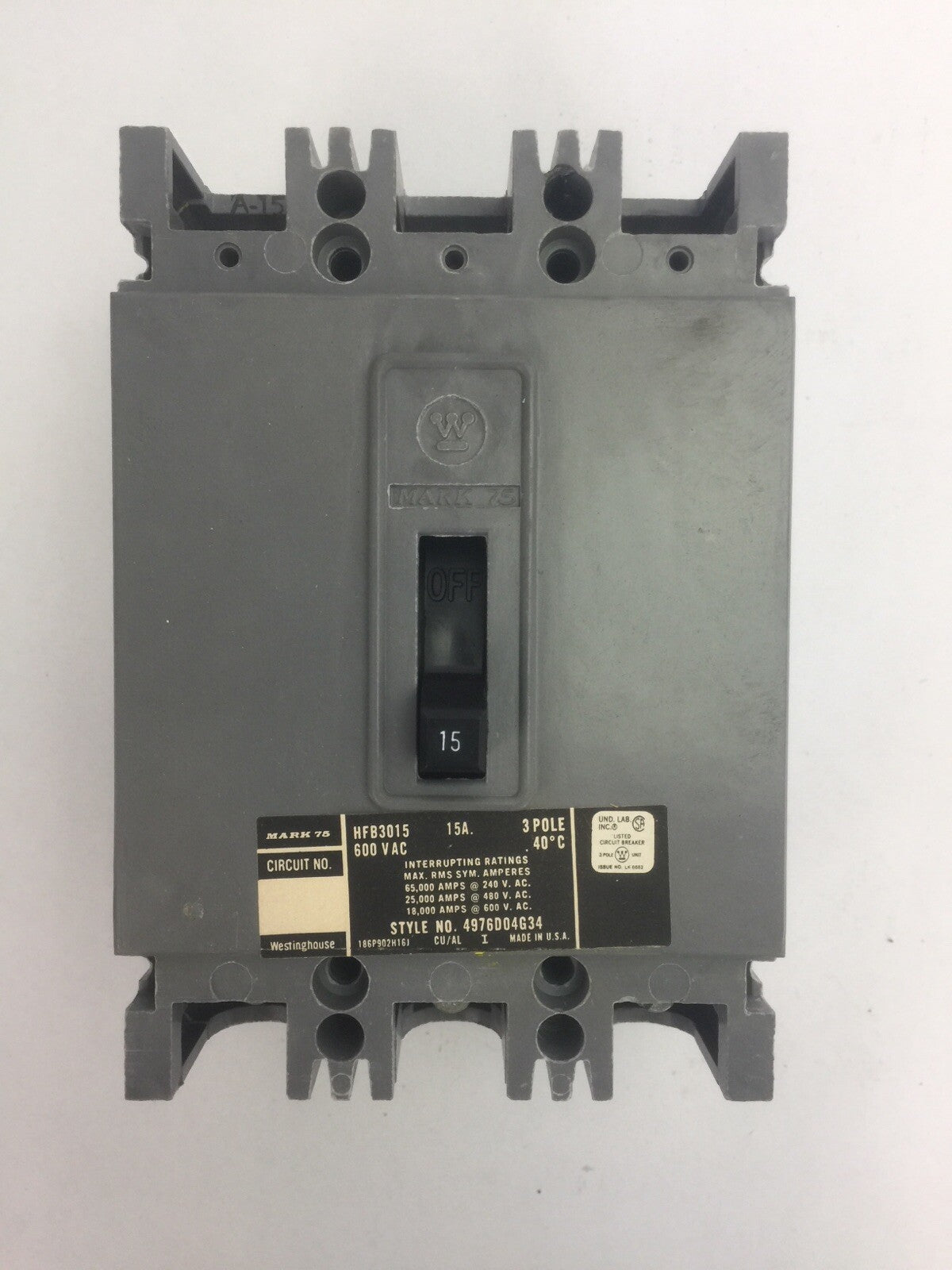 WESTINGHOUSE HFB3015 AB DE-ION CIRCUIT BREAKER 15AMP 600VAC 3 POLE