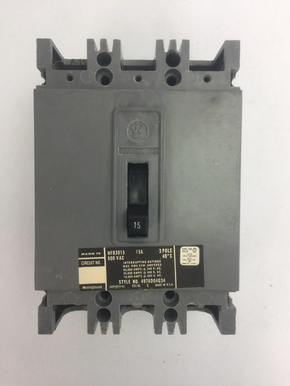 WESTINGHOUSE HFB3015 AB DE-ION CIRCUIT BREAKER 15AMP 600VAC 3 POLE