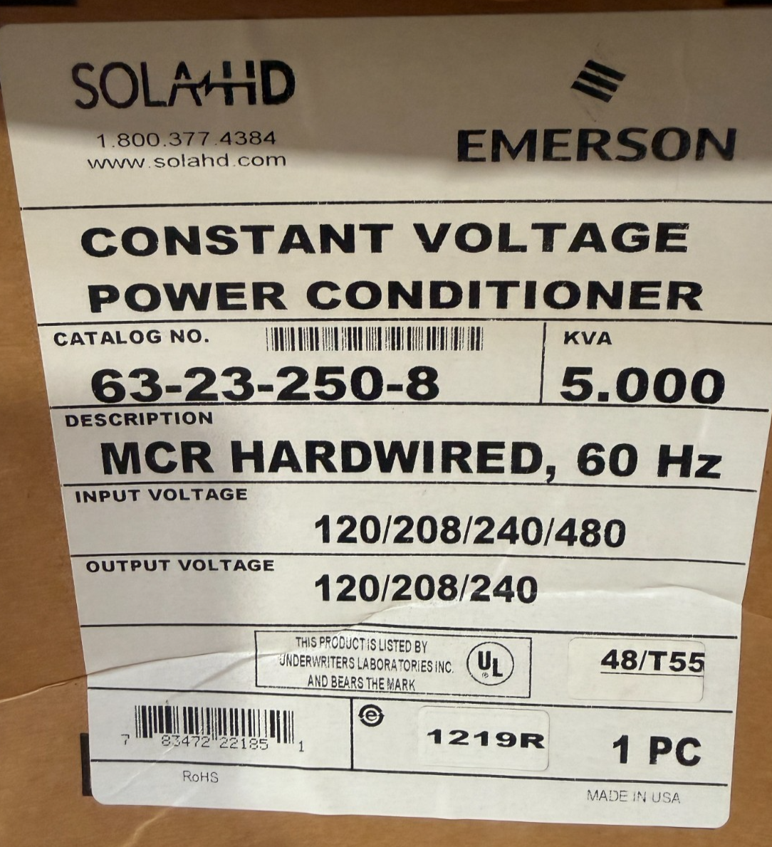 EMERSON 63-23-250-8 CONSTANT VOLTAGE POWER CONDITIONER 5 KVA 120/208/240/480
