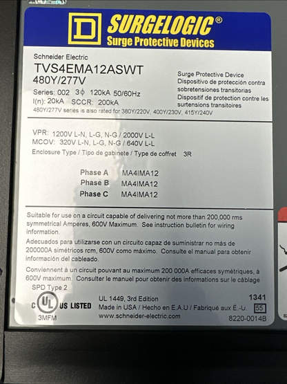 SQUARE D TVS4EMA12ASWT SURGE PROTECTIVE DEVICE SERIES 002 480Y/277V TYPE 3R